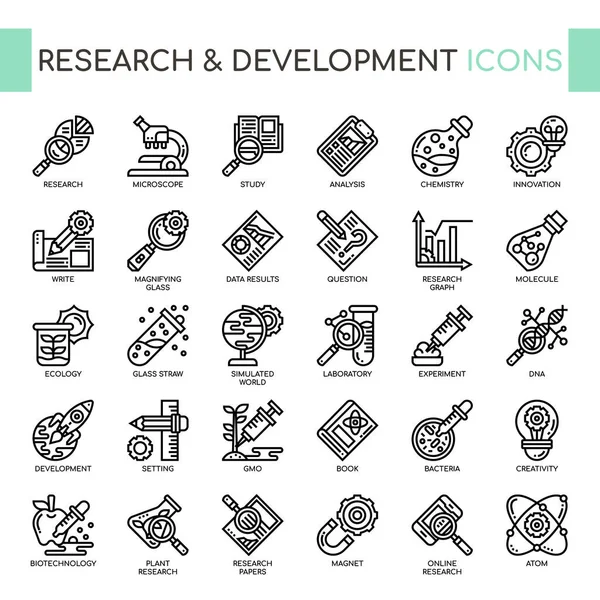 Investigación y desarrollo, Thin Line y Pixel Perfect Icons — Archivo Imágenes Vectoriales