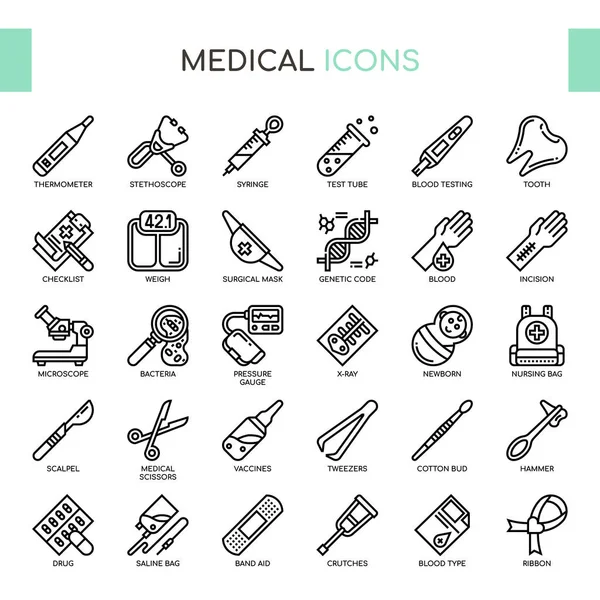 Elemennts médicos, línea delgada y píxeles iconos perfectos — Vector de stock