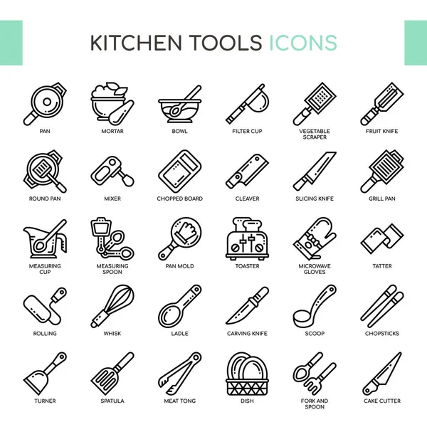 Narzędzia kuchenne, cienkie linie i Pixel Perfect ikony — Wektor stockowy