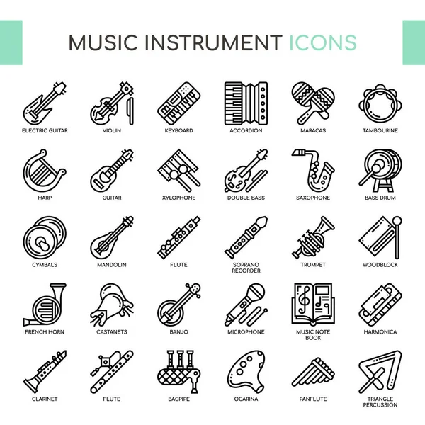 Instrumentos de música, línea delgada y píxeles iconos perfectos — Vector de stock