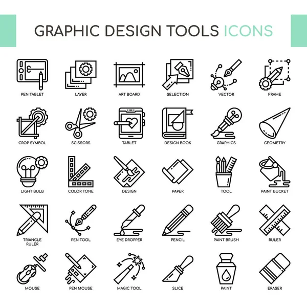 Herramientas de diseño gráfico, línea delgada y píxeles iconos perfectos — Vector de stock