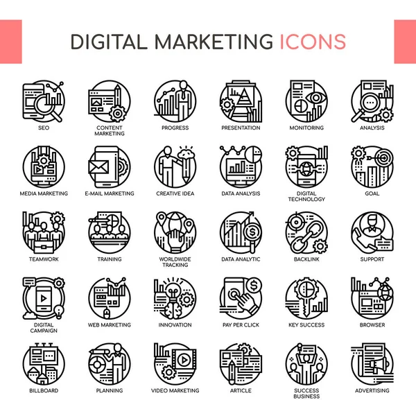 Digitális marketing, vékony vonal, és tökéletes Pixel ikonok — Stock Vector