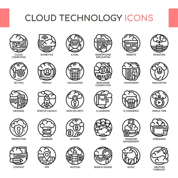 Tecnologia de nuvem, linha fina e ícones perfeitos de pixel — Vetor de Stock