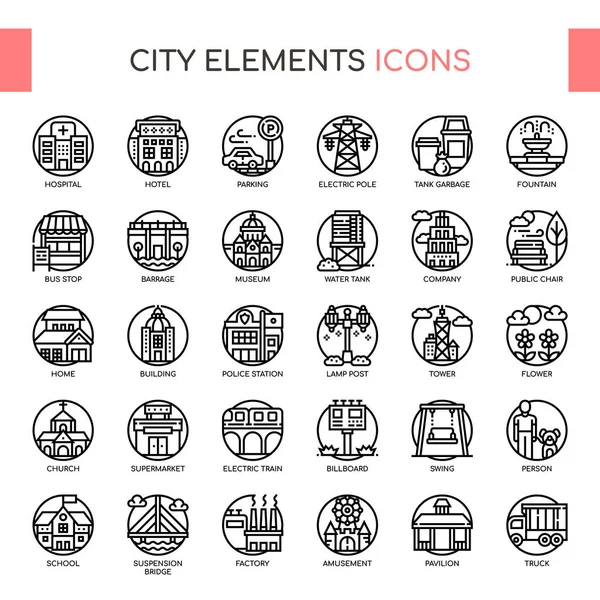 Elementos da cidade, linha fina e ícones perfeitos Pixel —  Vetores de Stock