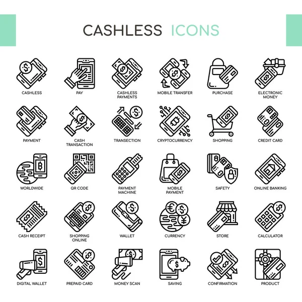 Ícones perfeitos sem dinheiro, linha fina e pixel —  Vetores de Stock