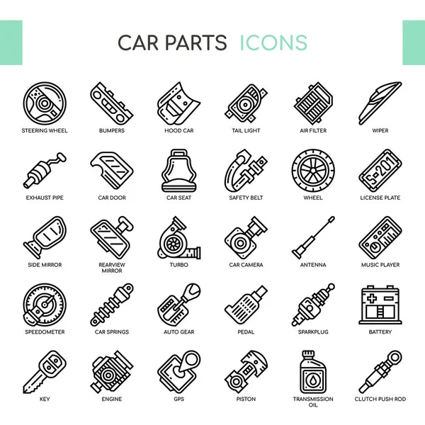 車の部品、細いラインおよびピクセル完璧なアイコン — ストックベクタ
