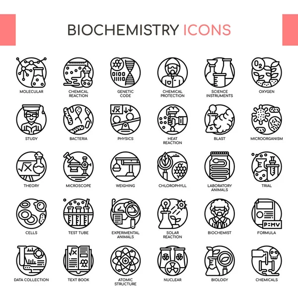 Biochemie, dunne lijn en Pixel perfecte iconen — Stockvector