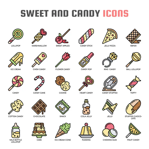 Dulce y caramelo, línea delgada y píxeles iconos perfectos — Vector de stock