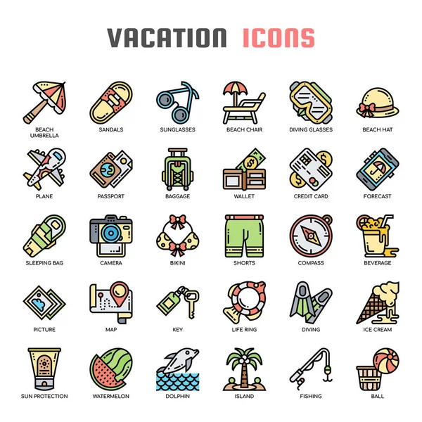 Iconos de vacaciones, línea delgada y píxeles perfectos — Vector de stock