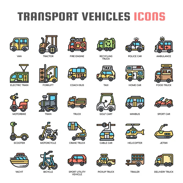 Vehículos de transporte, línea delgada y píxeles iconos perfectos — Vector de stock