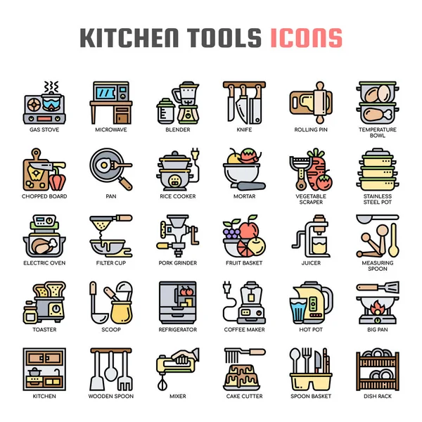 Herramientas de cocina, línea delgada y píxeles iconos perfectos — Vector de stock