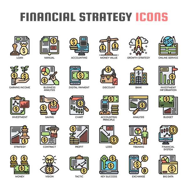 Estrategia financiera, línea delgada y píxeles iconos perfectos — Archivo Imágenes Vectoriales
