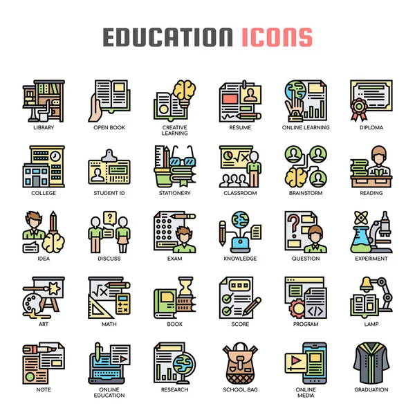 Educación, línea delgada y píxeles iconos perfectos — Vector de stock