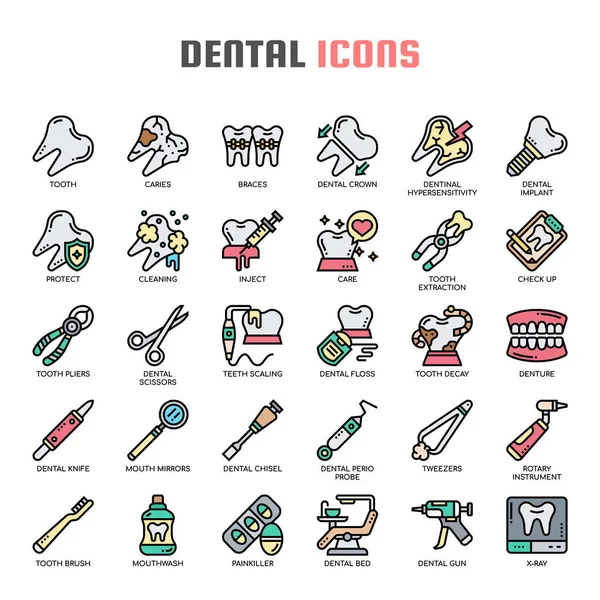 Icônes dentaires, ligne mince et Pixel Perfect — Image vectorielle
