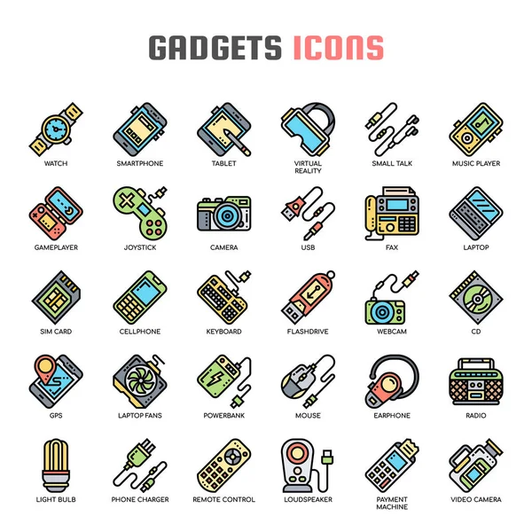 Gadget, línea delgada y píxeles iconos perfectos — Vector de stock