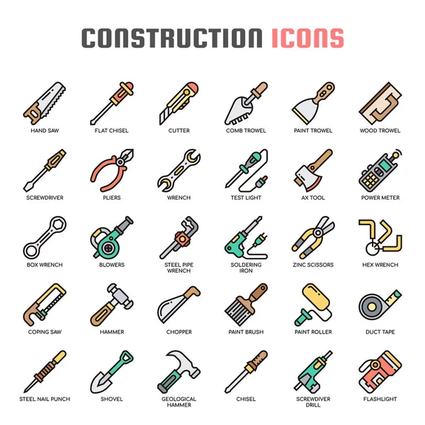 Herramientas de construcción, línea delgada y píxeles iconos perfectos — Vector de stock