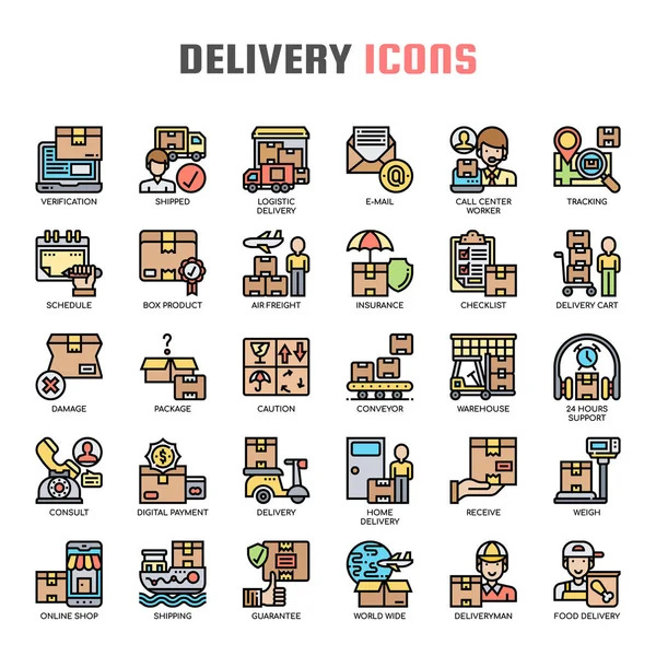 Elementos de entrega, línea delgada y píxeles iconos perfectos — Vector de stock