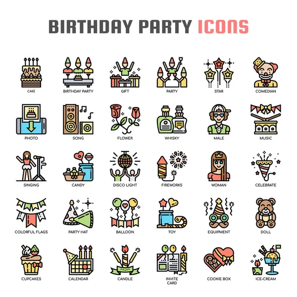 Fiesta de cumpleaños, línea delgada y píxeles iconos perfectos — Vector de stock