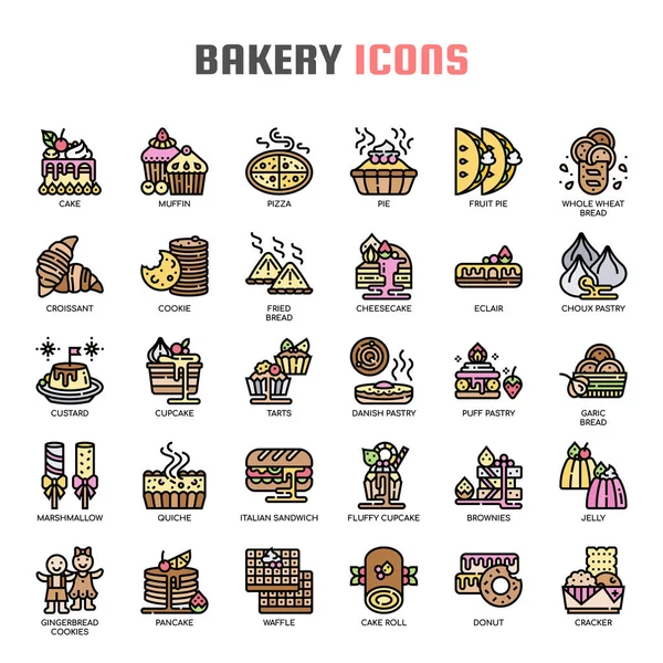 Boulangerie, ligne mince et icônes Pixel Perfect — Image vectorielle