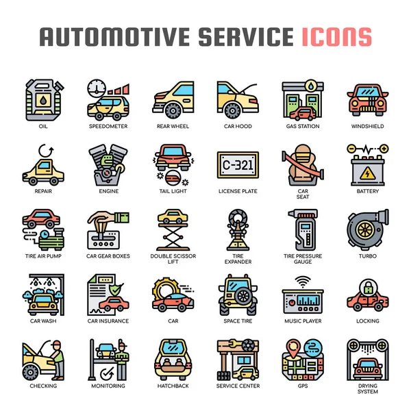 Servicio automotriz, línea delgada y píxeles iconos perfectos — Vector de stock