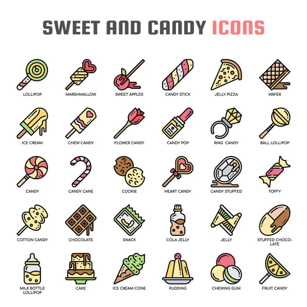 Dulce y caramelo, línea delgada y píxeles iconos perfectos Ilustraciones De Stock Sin Royalties Gratis