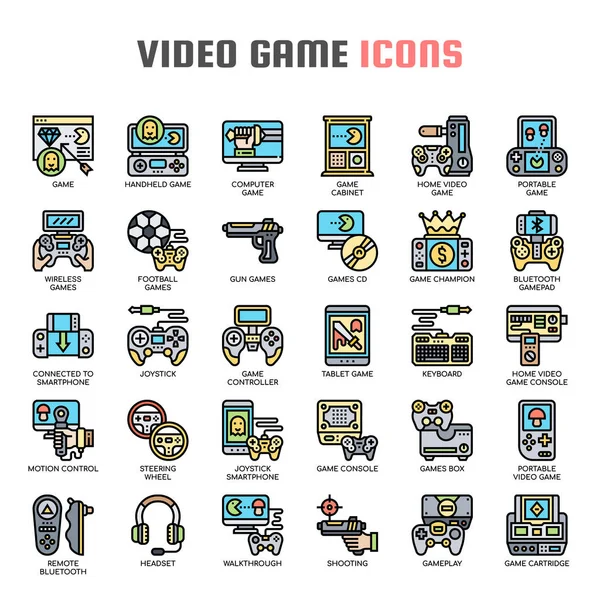 Videojuego, línea delgada y píxeles iconos perfectos Gráficos Vectoriales