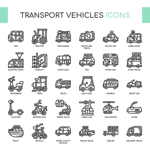 Vehículos de transporte, línea delgada y píxeles iconos perfectos — Vector de stock