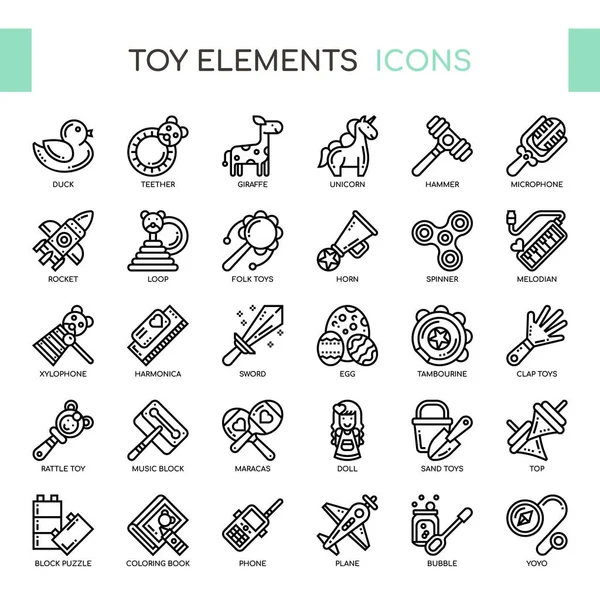 Elementos de brinquedo, linha fina e ícones perfeitos de pixel — Vetor de Stock