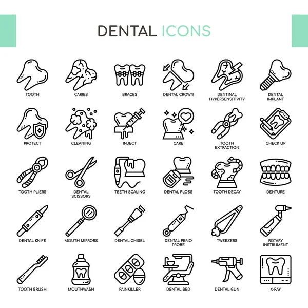 Icone perfette per denti, linee sottili e pixel — Vettoriale Stock