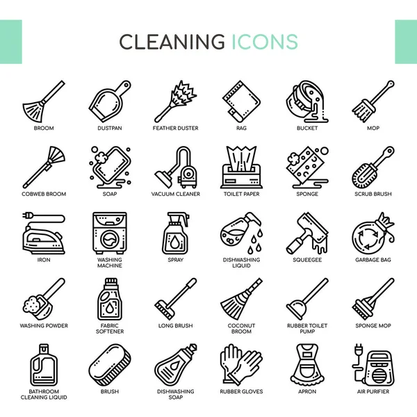 Iconos perfectos de limpieza, línea delgada y píxeles — Vector de stock