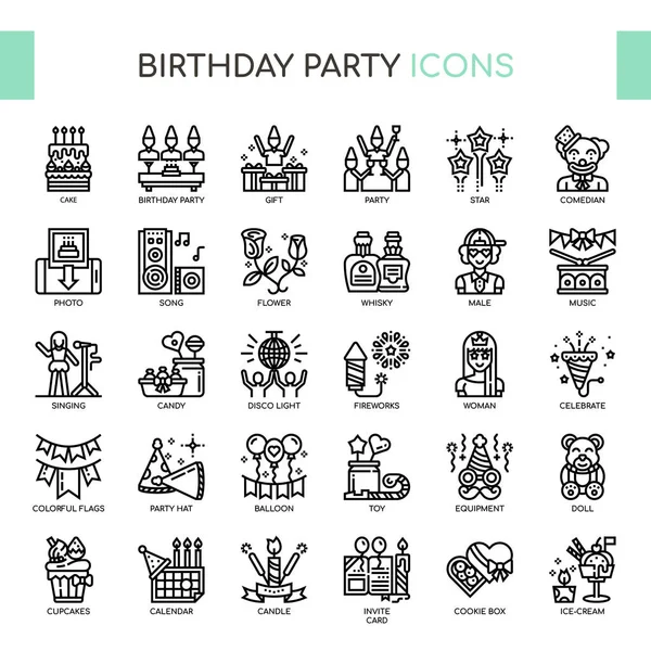 Fiesta de cumpleaños, línea delgada y píxeles iconos perfectos — Vector de stock