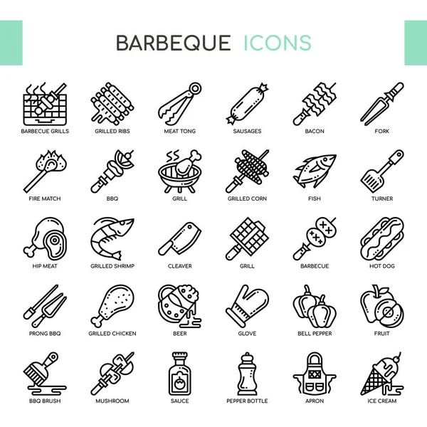 Barbacoa, línea delgada y píxeles iconos perfectos — Vector de stock