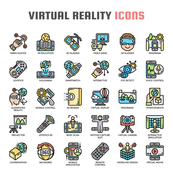 Virtuální realita, tenká čára a dokonalé ikony pixelů — Stockový vektor