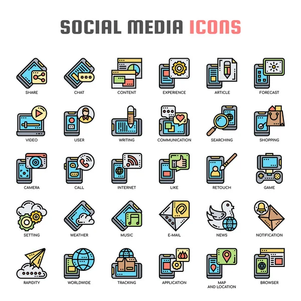 Redes Sociales, Línea Delgada y Pixeles Iconos Perfectos — Vector de stock