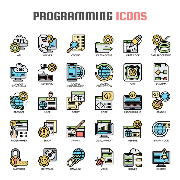 Programación, línea delgada y píxeles iconos perfectos — Vector de stock