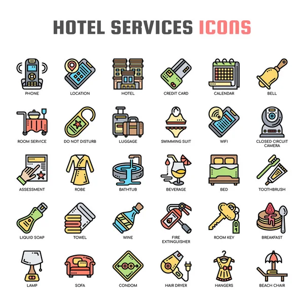 Servicio de hotel, línea delgada y píxeles iconos perfectos — Archivo Imágenes Vectoriales