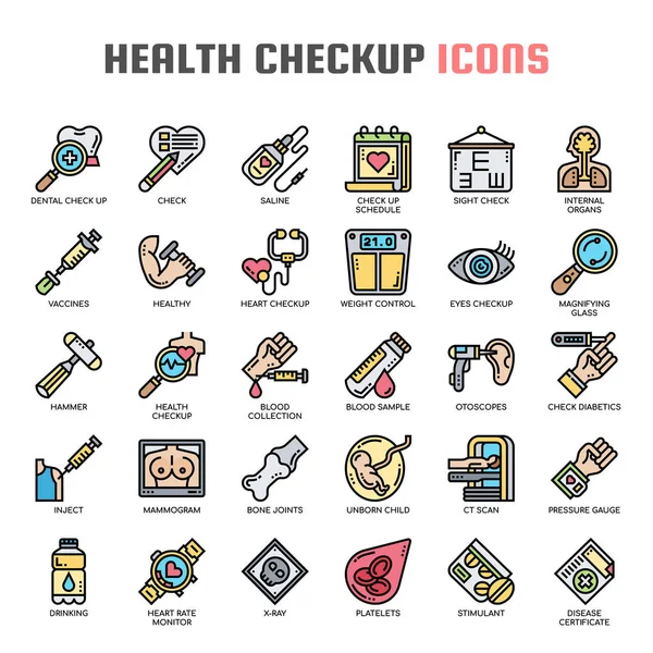 Bilan de santé, ligne mince et icônes Pixel Perfect — Image vectorielle