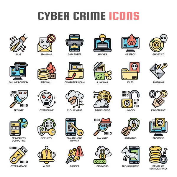 Cyberprzestępczość, cienka linia i doskonałe ikony pikseli — Wektor stockowy