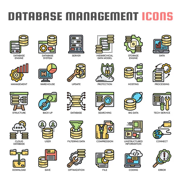 Gestión de bases de datos, línea delgada y píxeles iconos perfectos — Archivo Imágenes Vectoriales