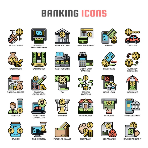 Icone perfette per banche, linee sottili e pixel — Vettoriale Stock