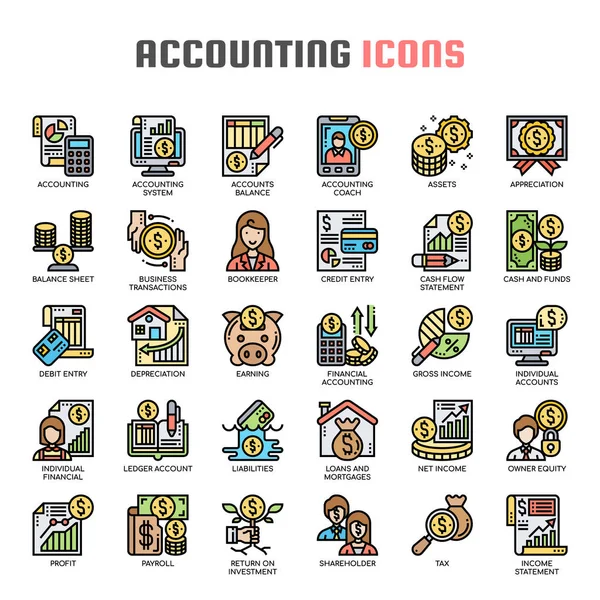 Iconos perfectos de contabilidad, línea delgada y píxeles — Archivo Imágenes Vectoriales