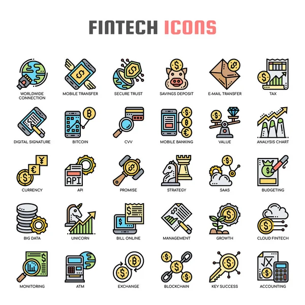 Fintech, vékony vonal és pixel tökéletes ikonok Stock Vektor
