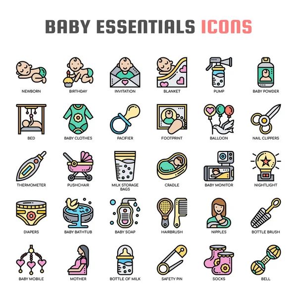 Esenciales para bebés, línea delgada e iconos perfectos de píxeles Gráficos Vectoriales