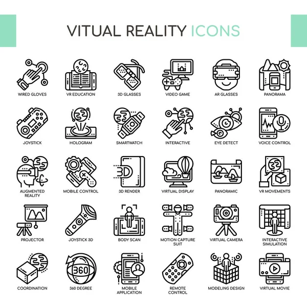 Realtà virtuale, linea sottile e icone perfette pixel — Vettoriale Stock