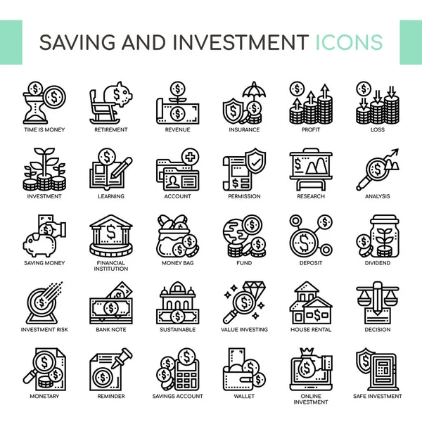 Ahorro e inversión, línea delgada y píxeles iconos perfectos — Archivo Imágenes Vectoriales