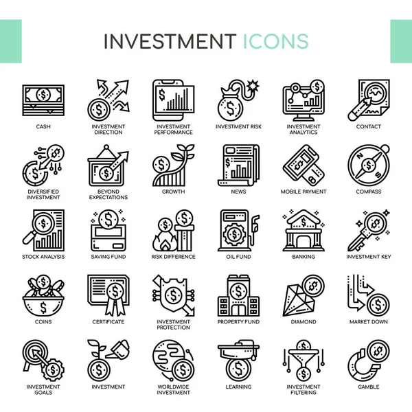 Investimento, linha fina e ícones perfeitos Pixel — Vetor de Stock