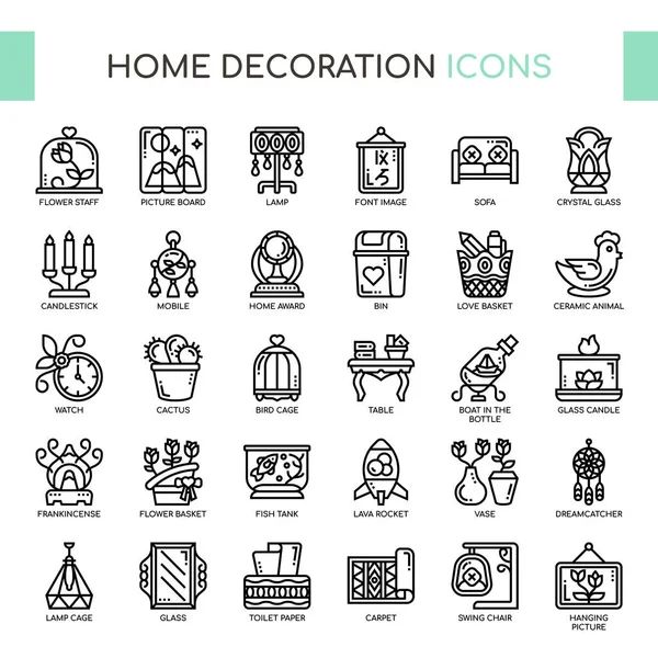 Decoración para el hogar, línea delgada y píxeles iconos perfectos — Vector de stock