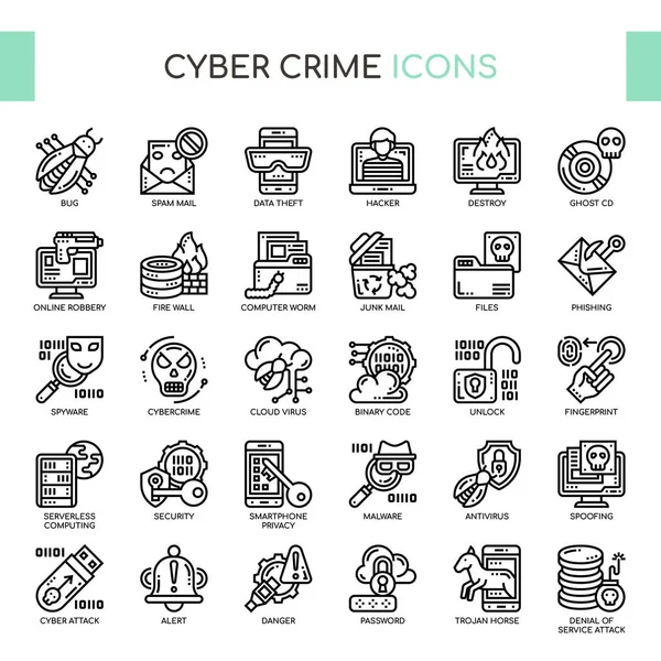 Delito cibernético, delgada línea y píxeles iconos perfectos — Archivo Imágenes Vectoriales