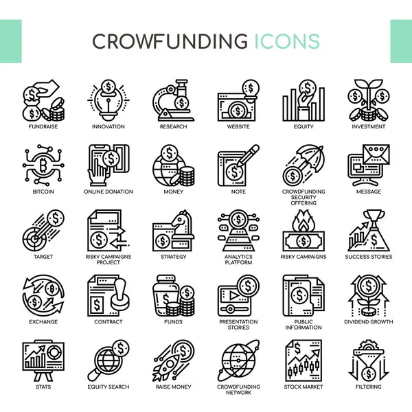 Crowdfunding, linea sottile e icone perfette pixel — Vettoriale Stock