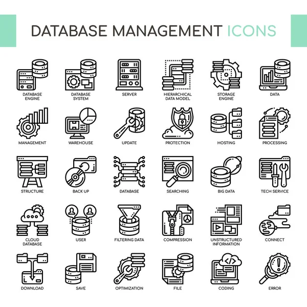 Gestión de bases de datos, línea delgada y píxeles iconos perfectos — Archivo Imágenes Vectoriales